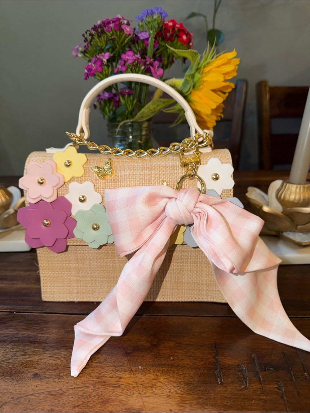 Betsey Johnson Straw Mini Satchel with Pink Gingham Bow & Floral Appliqués